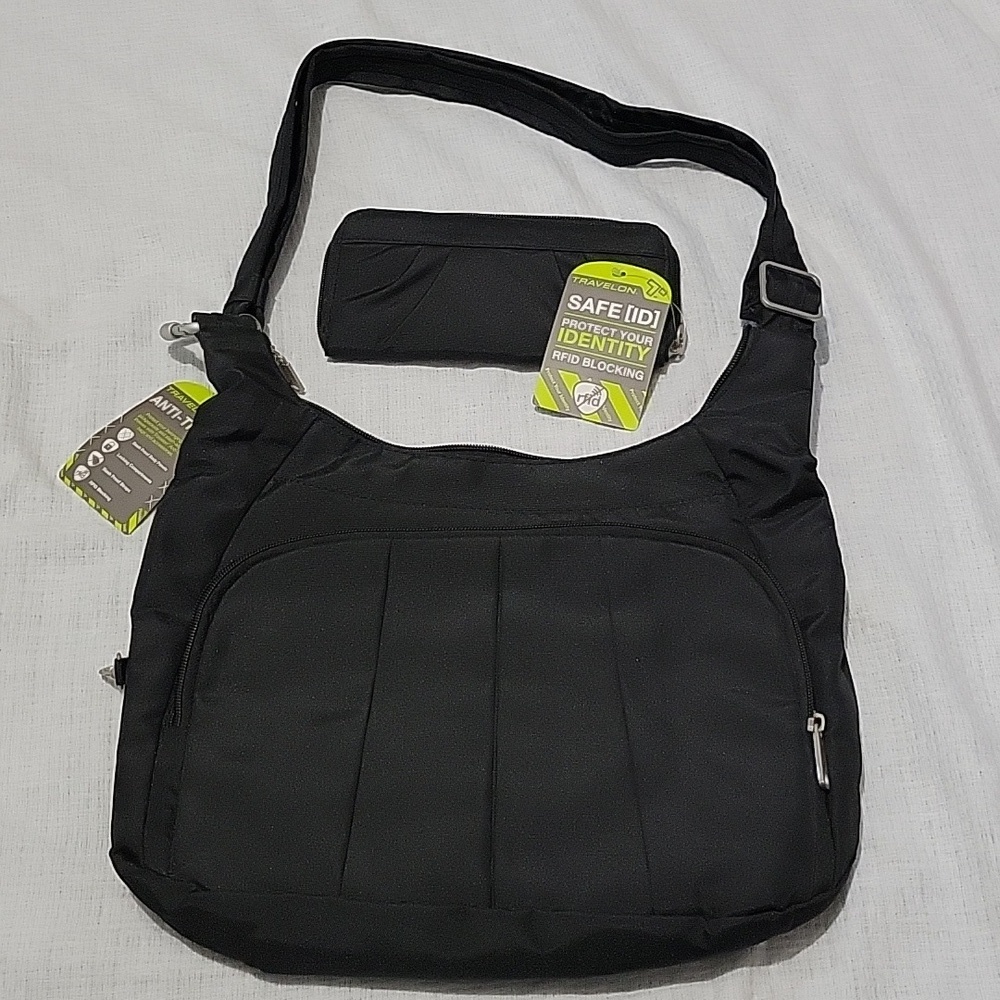 Travelon Black Anti-Theft Classic Pleated Hobo & Matching Wallet NWT